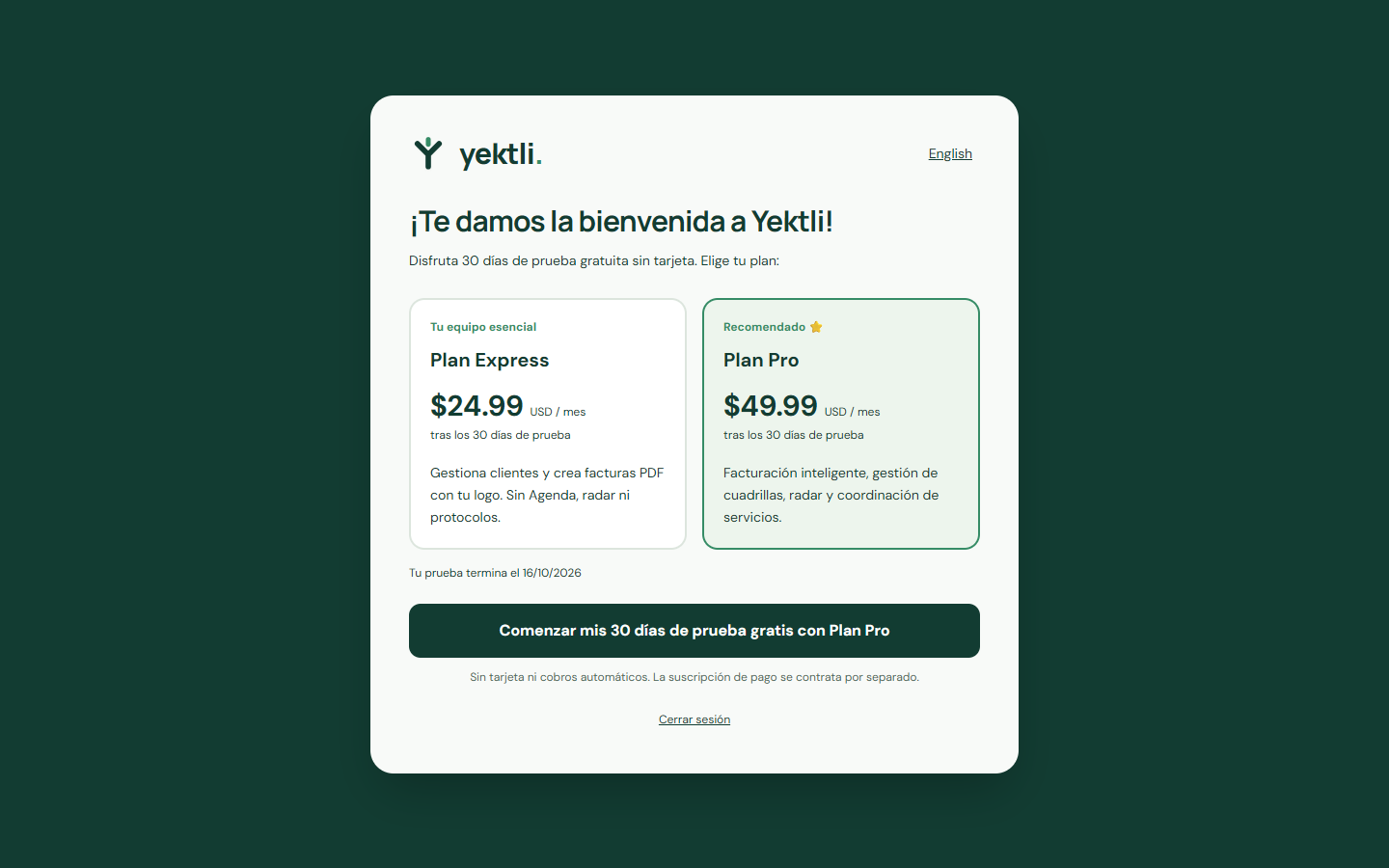 Elegir tu prueba y tu plan — Yektli