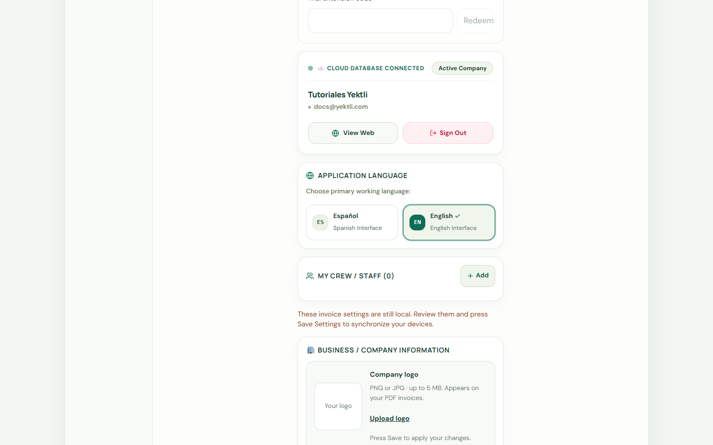Set up your business and backup — Yektli
