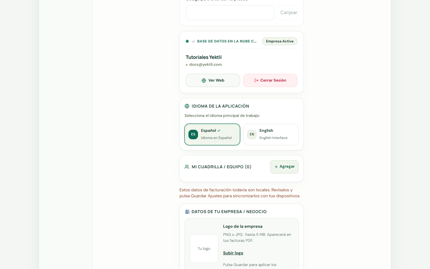 Configurar tu empresa y respaldo — Yektli