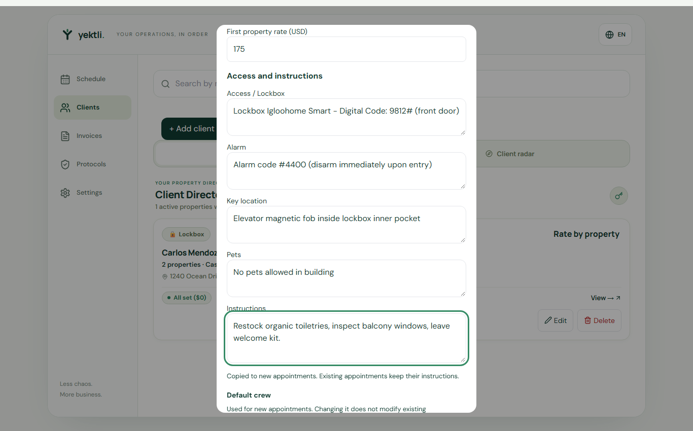 Save access details and instructions — Yektli