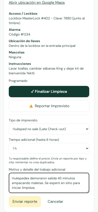 Reportar imprevistos y aprobar extras — Yektli